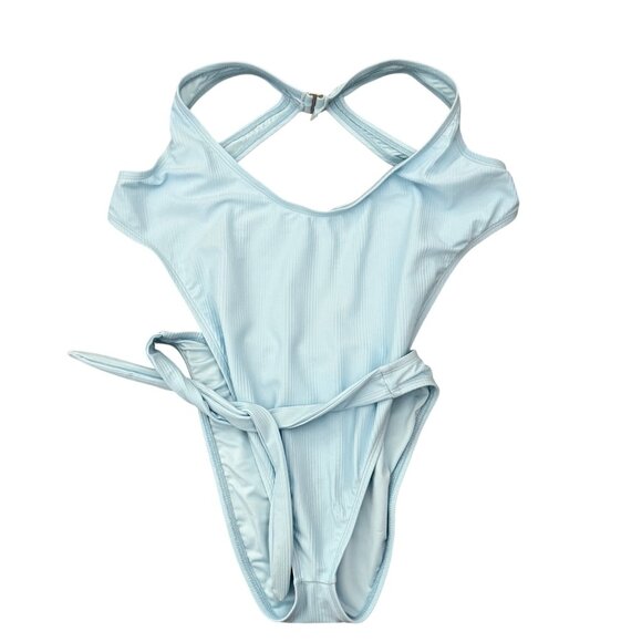 Lunar One Piece Swimsuit Size Large Tie Waist Racerback Design Ris-K Beach Blue - Picture 8 of 9